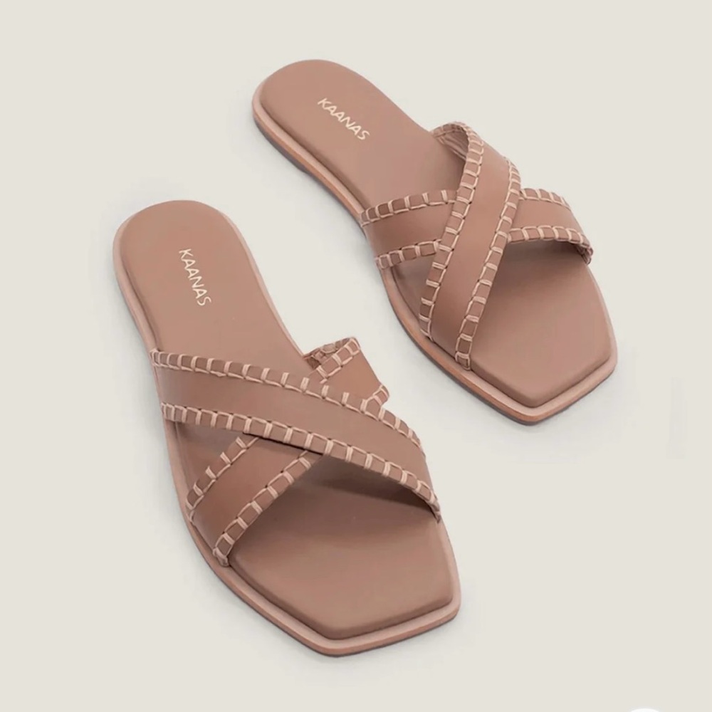 Kaanas Larimar Crosscross Slide Sandal in Honey - mocha brown color size 7